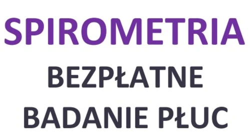 fioletowy napis drukowanymi literami w kolorze fioletowym brzmiący spirometria i pod spodem słowa drukowane w kolorze czarnym brzmiące bezpłatne badanie płuc