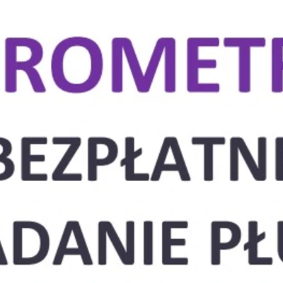 fioletowy napis drukowanymi literami w kolorze fioletowym brzmiący spirometria i pod spodem słowa drukowane w kolorze czarnym brzmiące bezpłatne badanie płuc